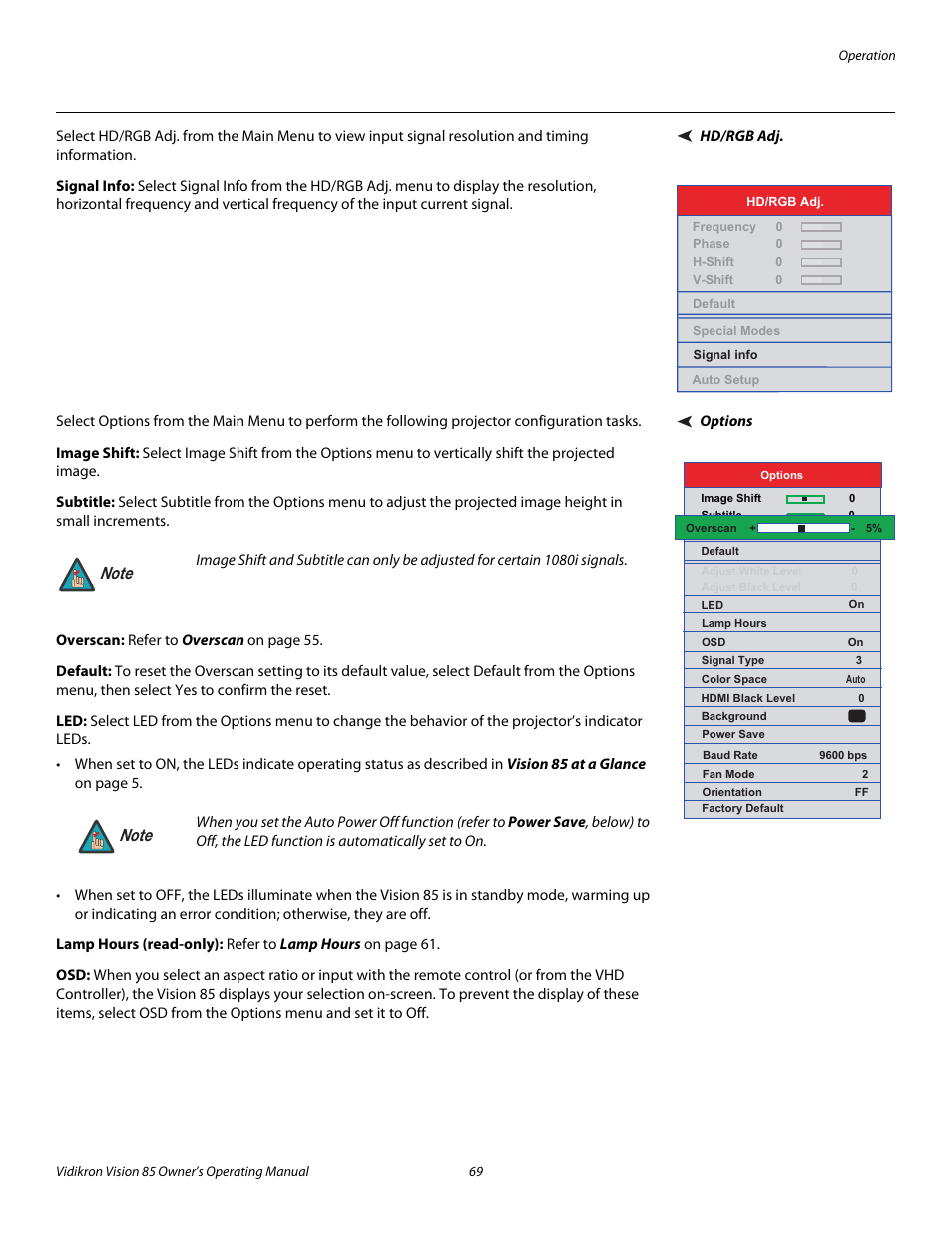 Hd/rgb adj, Signal info, Options | Image shift, Subtitle, Overscan, Default, Lamp hours (read-only), Pre l iminar y | Vidikron Vision Model 85 User Manual | Page 81 / 100