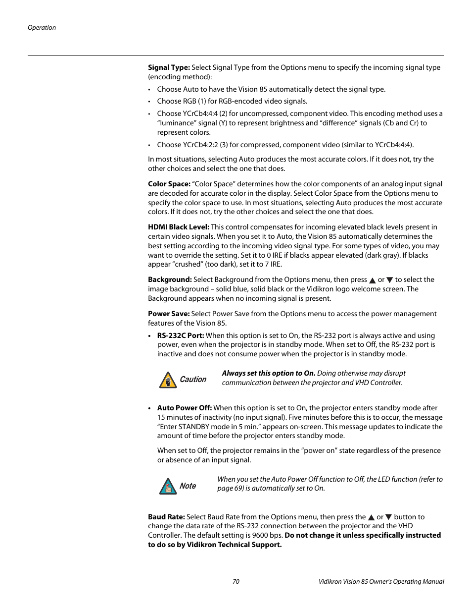 Signal type, Color space, Hdmi black level | Background, Power save, Baud rate, To power save , below), Pre l iminar y | Vidikron Vision Model 85 User Manual | Page 82 / 100
