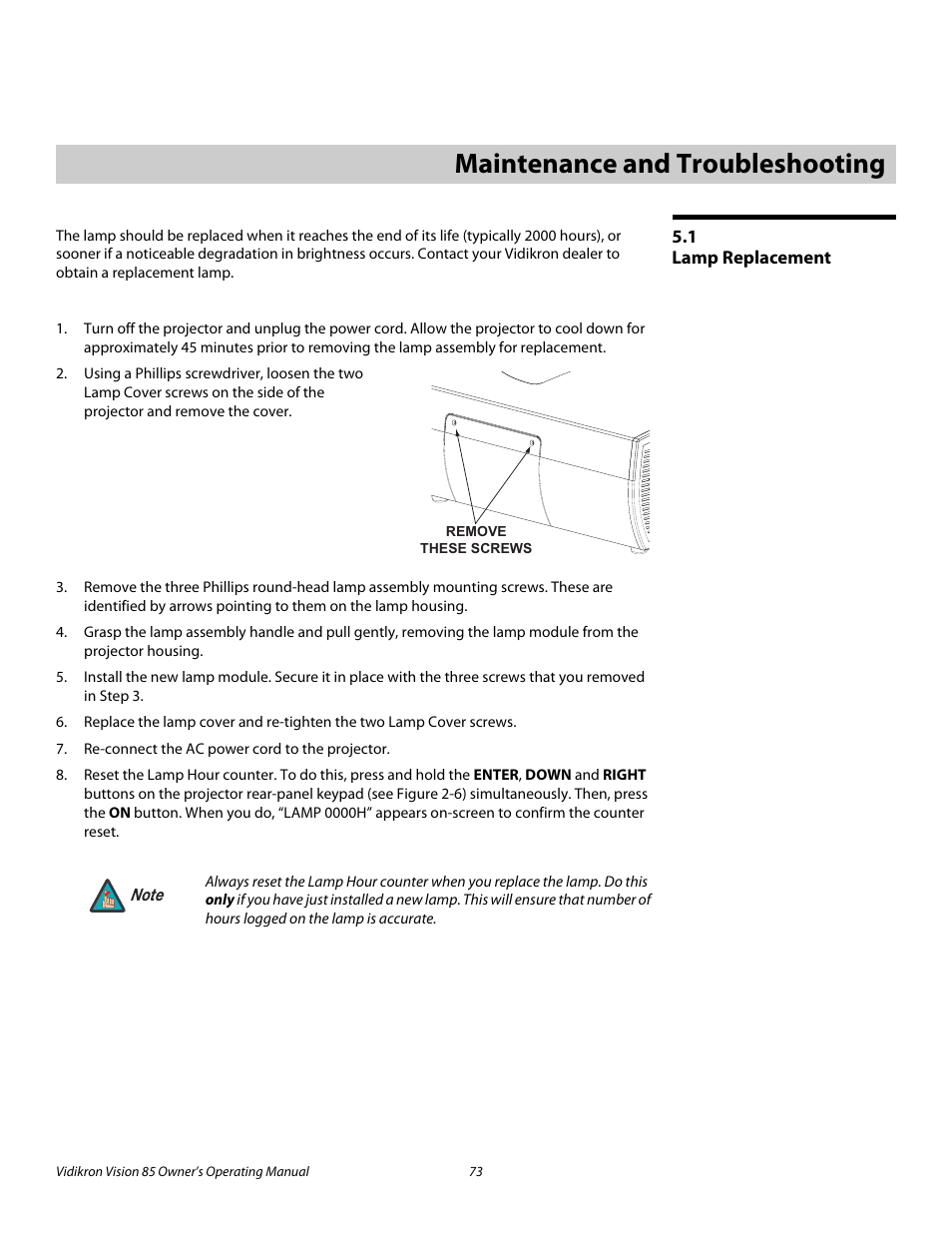 5 maintenance and troubleshooting, 1 lamp replacement, Maintenance and troubleshooting | Lamp replacement, Pre l iminar y | Vidikron Vision Model 85 User Manual | Page 85 / 100