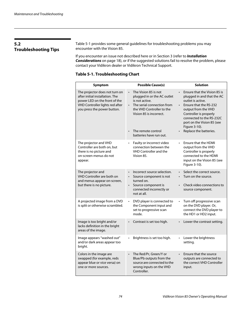 2 troubleshooting tips, Table 5-1 . troubleshooting chart, Troubleshooting tips | Pre l iminar y | Vidikron Vision Model 85 User Manual | Page 86 / 100