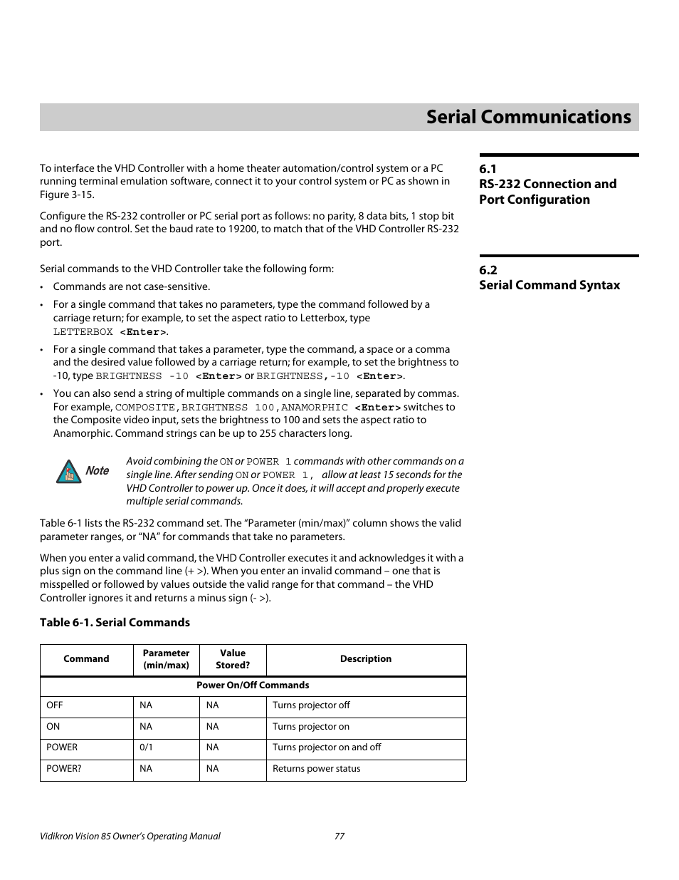 6 serial communications, 1 rs-232 connection and port configuration, 2 serial command syntax | Table 6-1 . serial commands, Serial communications, Rs-232 connection and port configuration, Serial command syntax, Pre l iminar y | Vidikron Vision Model 85 User Manual | Page 89 / 100