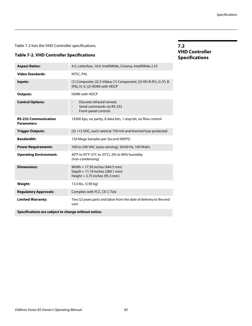 2 vhd controller specifications, Table 7-2 . vhd controller specifications, Vhd controller specifications | R to table 7-2, Pre l iminar y | Vidikron Vision Model 85 User Manual | Page 97 / 100