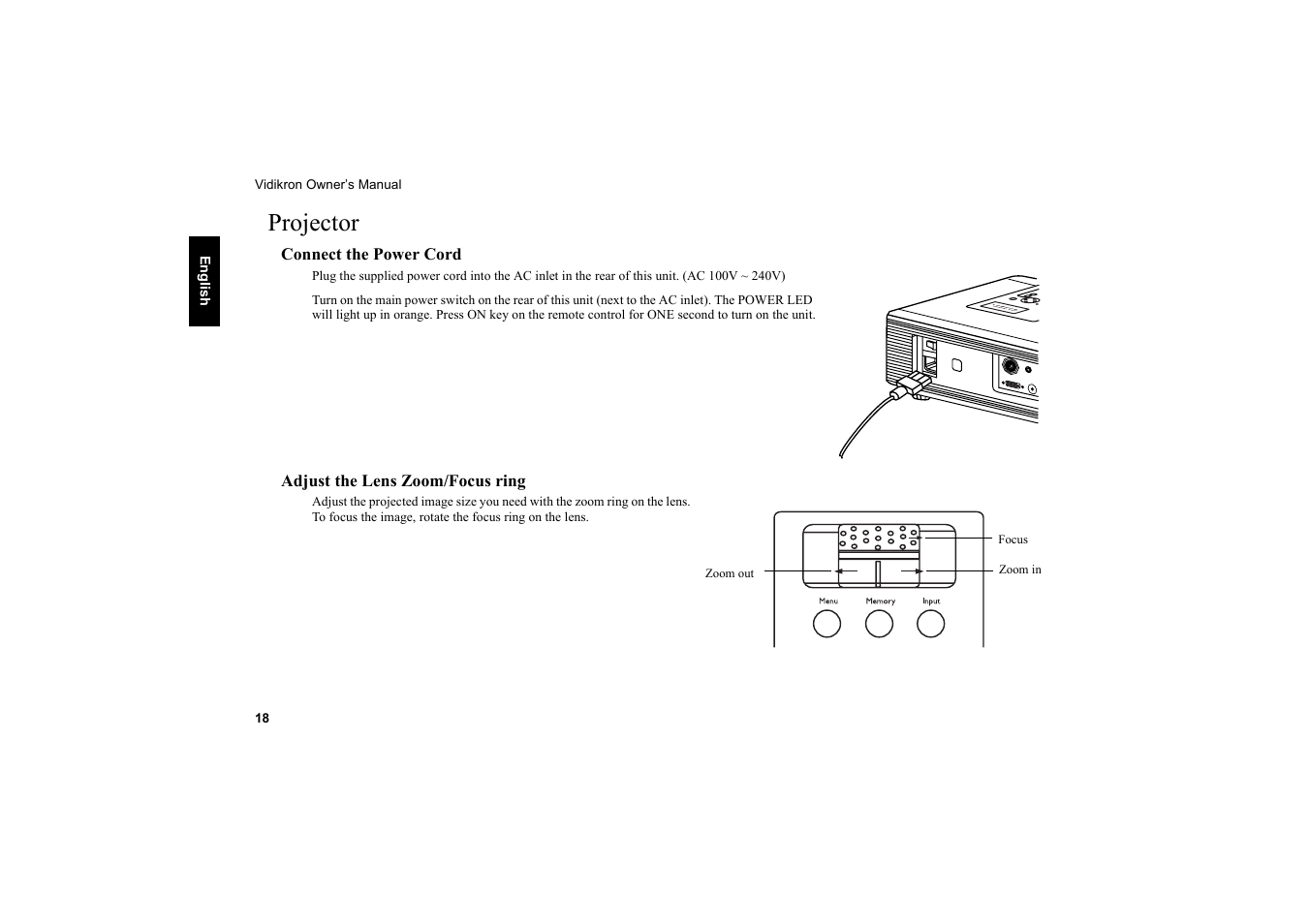 Projector, Connect the power cord, Adjust the lens zoom/focus ring | Vidikron 20ET User Manual | Page 19 / 52