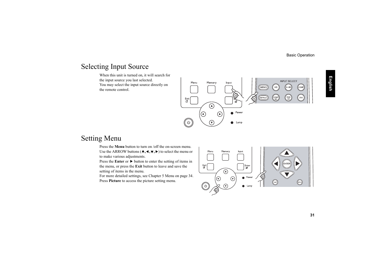 Selecting input source, Setting menu, Selecting input source setting menu | Vidikron 20ET User Manual | Page 32 / 52