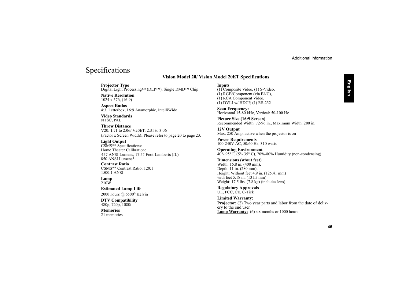 Specifications | Vidikron 20ET User Manual | Page 47 / 52