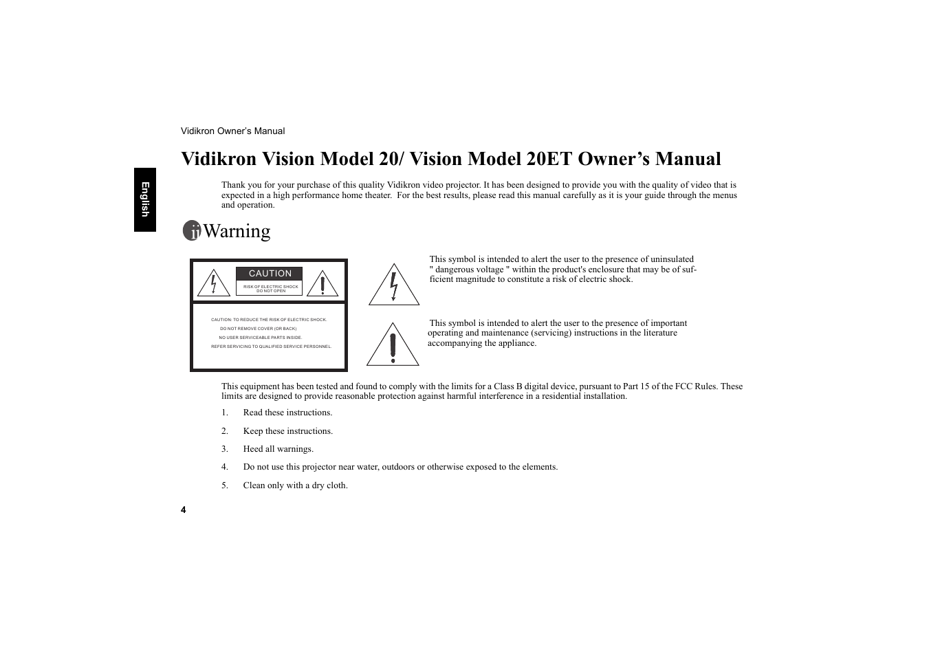 Warning | Vidikron 20ET User Manual | Page 5 / 52