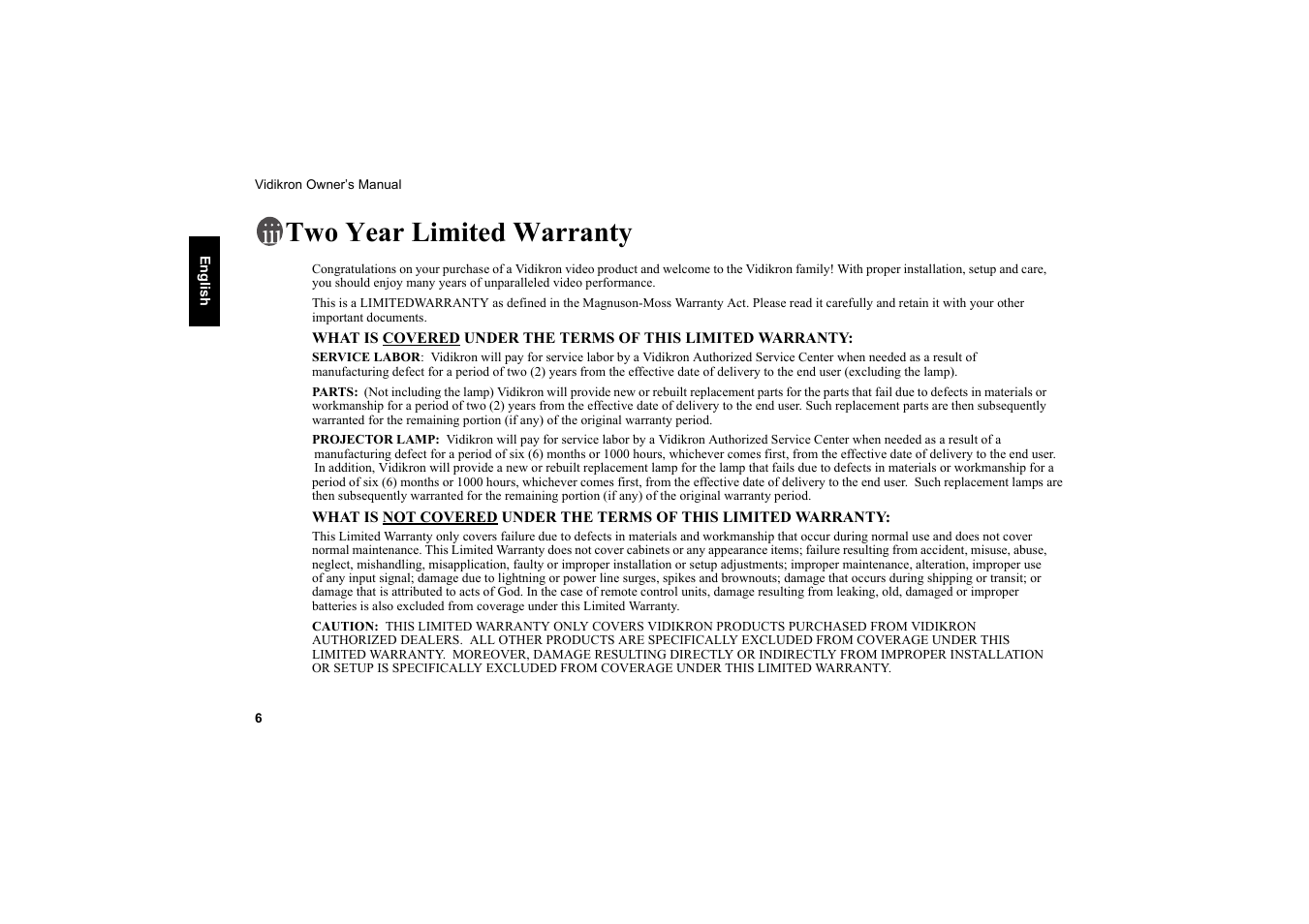Two year limited warranty | Vidikron 20ET User Manual | Page 7 / 52
