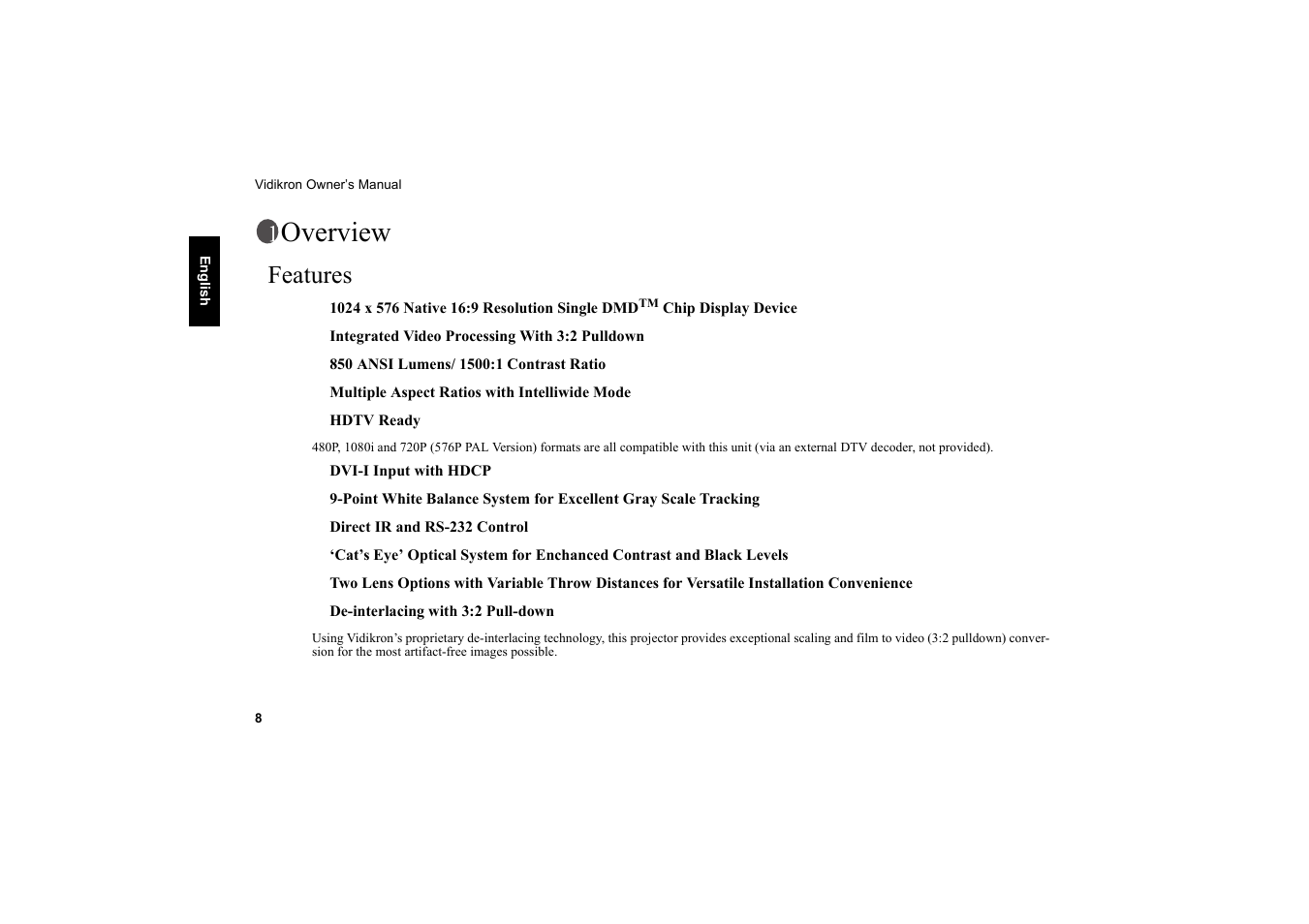 Overview, Features | Vidikron 20ET User Manual | Page 9 / 52