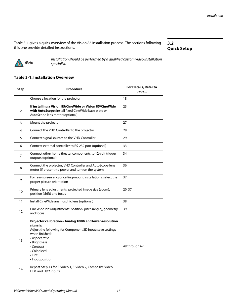 2 quick setup, Table 3-1 . installation overview, Quick setup | Pre l iminar y | Vidikron 85 User Manual | Page 29 / 100