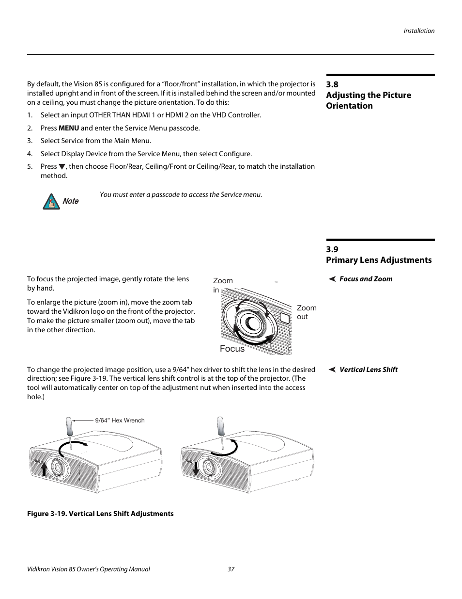 8 adjusting the picture orientation, 9 primary lens adjustments, Focus and zoom | Vertical lens shift, Figure 3-19 . vertical lens shift adjustments, Iminar, Adjusting the picture orientation, Primary lens adjustments, 19. vertical lens shift adjustments, Pre l iminar y | Vidikron 85 User Manual | Page 49 / 100