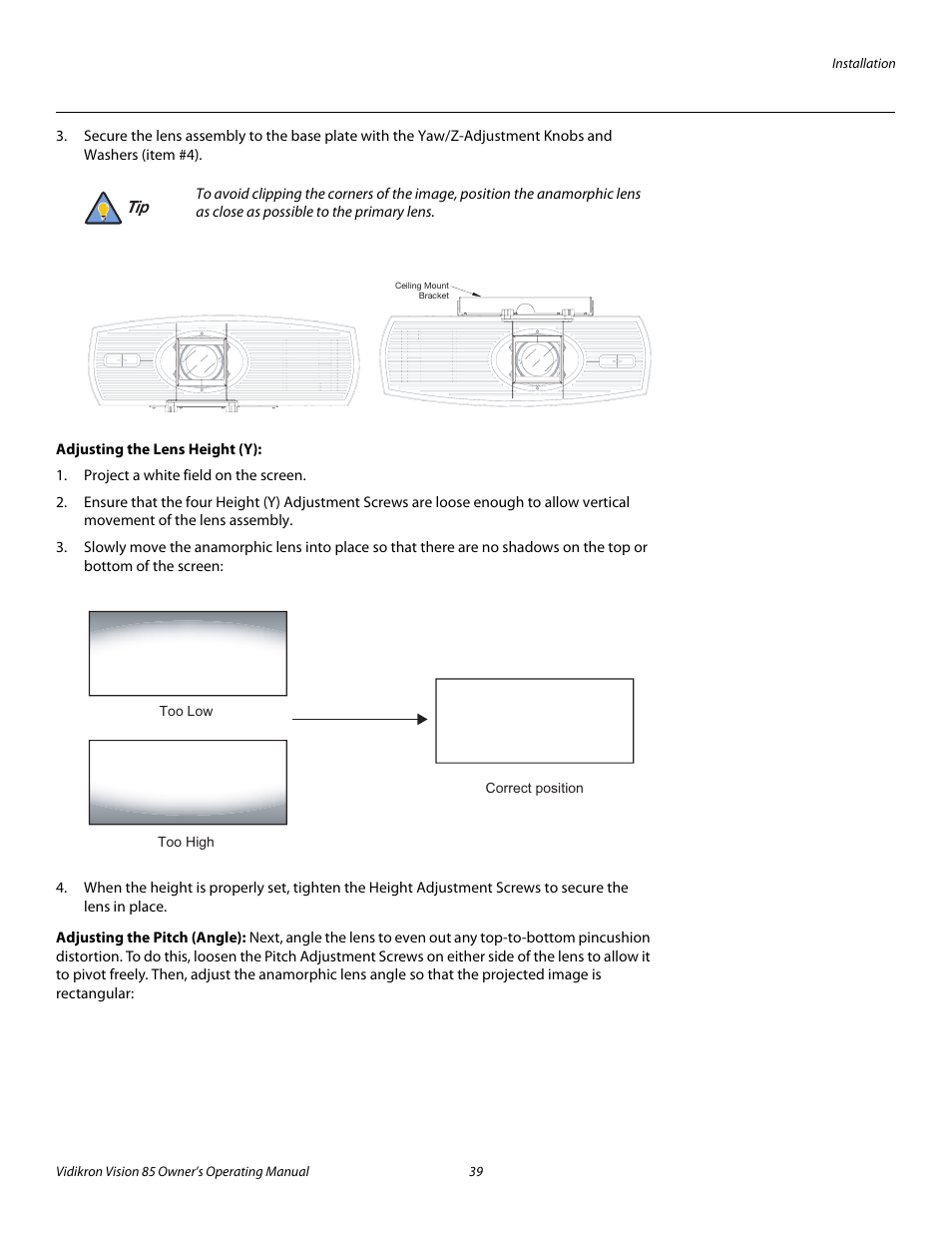 Adjusting the lens height (y), Adjusting the pitch (angle), Pre l iminar y | Vidikron 85 User Manual | Page 51 / 100