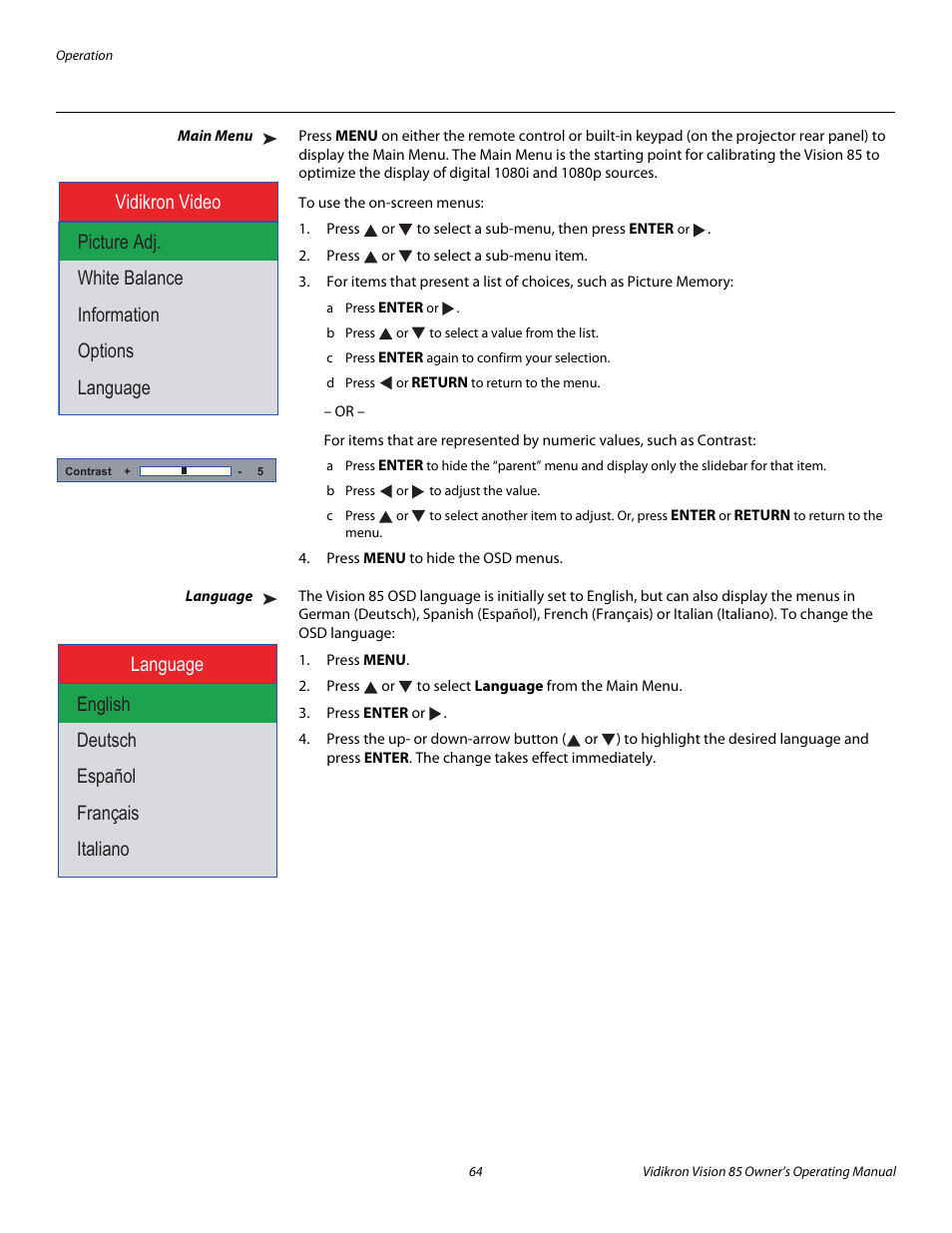 Main menu, Language, Pre l iminar y | Vidikron 85 User Manual | Page 76 / 100