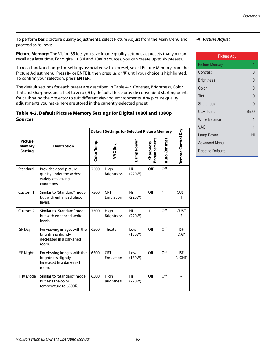 Picture adjust, Picture memory, Pre l iminar y | Vidikron 85 User Manual | Page 77 / 100