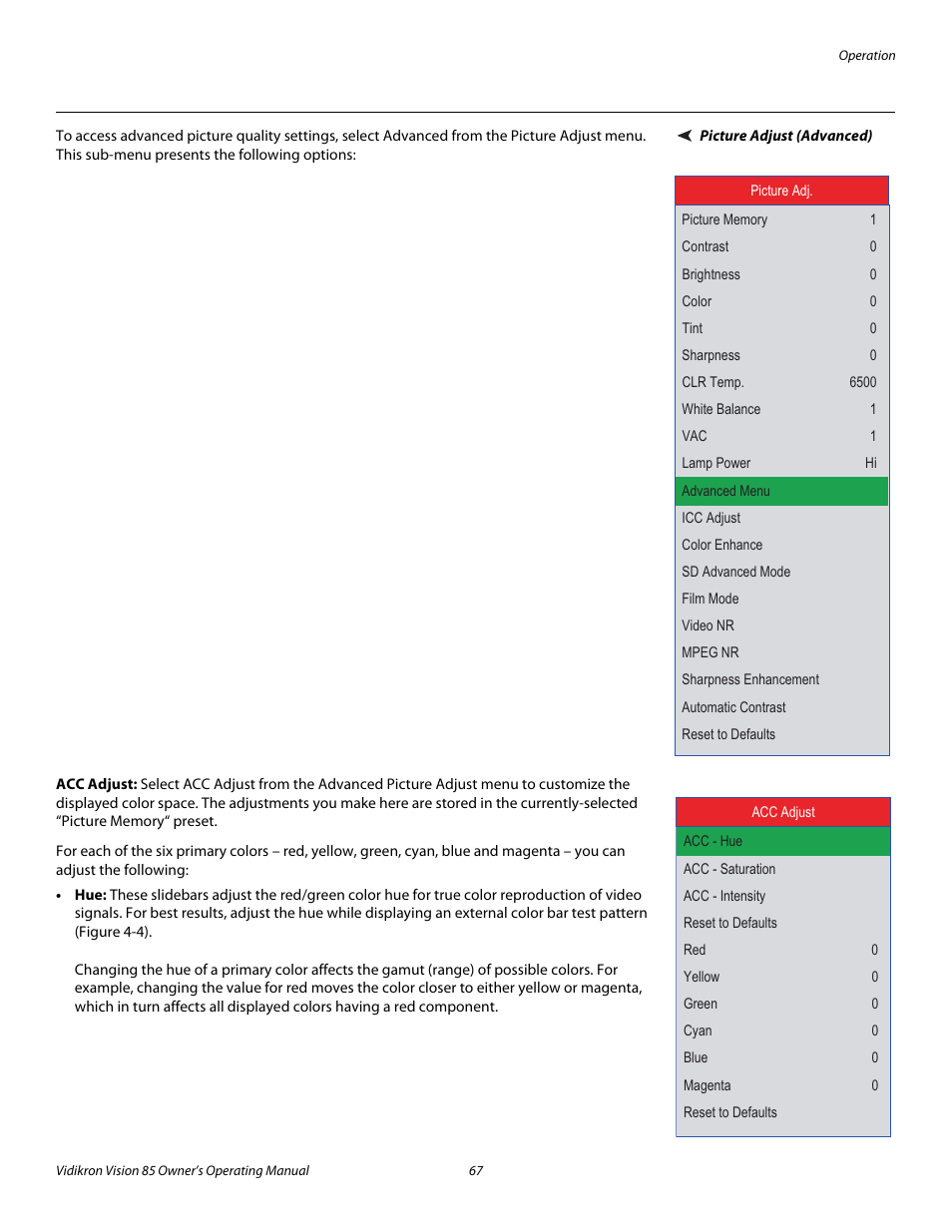 Picture adjust (advanced), Acc adjust, Pre l iminar y | Vidikron 85 User Manual | Page 79 / 100