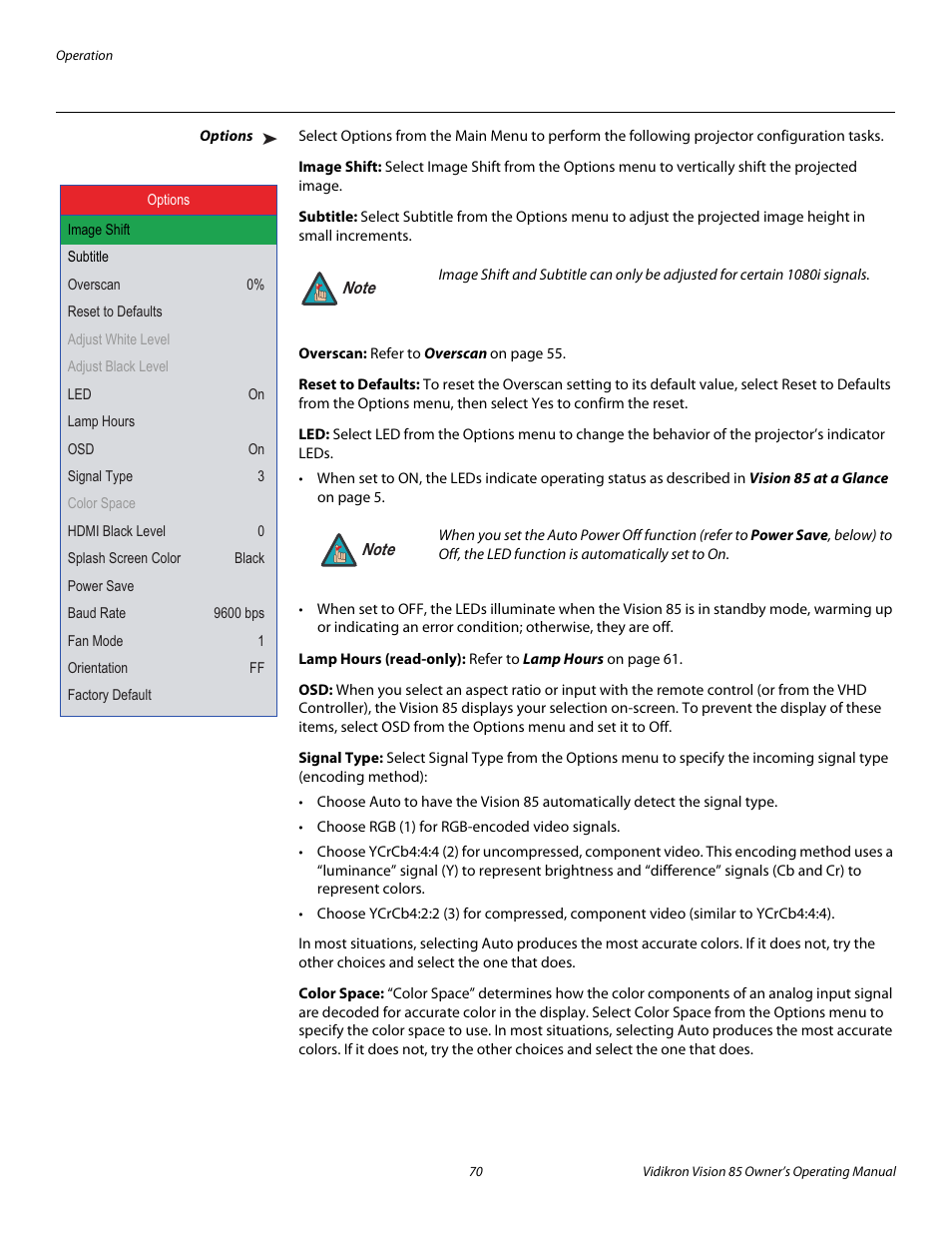 Options, Image shift, Subtitle | Overscan, Reset to defaults, Lamp hours (read-only), Signal type, Color space, Pre l iminar y | Vidikron 85 User Manual | Page 82 / 100