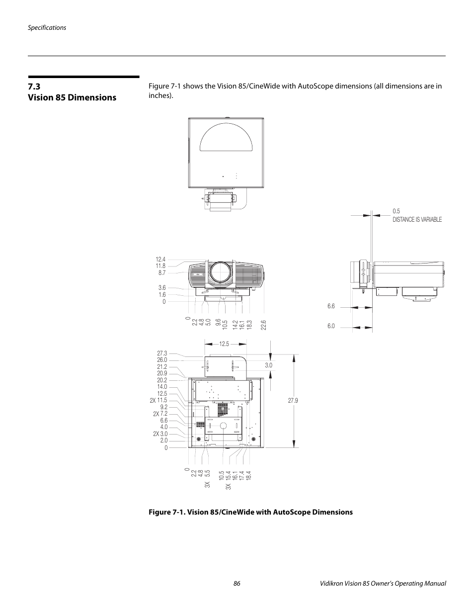 3 vision 85 dimensions, Iminar, Vision 85 dimensions | 1. vision 85/cinewide with autoscope dimensions, Pre l iminar y | Vidikron 85 User Manual | Page 98 / 100