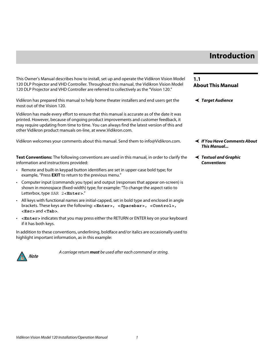 1 introduction, 1 about this manual, Target audience | If you have comments about this manual, Textual and graphic conventions, Text conventions, Introduction, About this manual, Pre l iminar y | Vidikron Vision 120 User Manual | Page 15 / 92