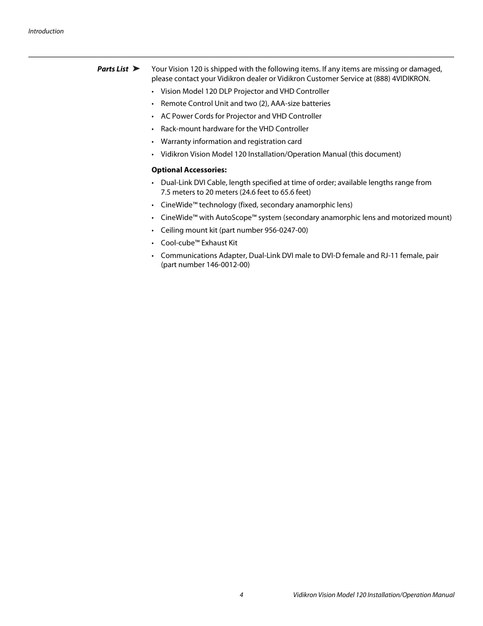 Parts list, Optional accessories, Pre l iminar y | Vidikron Vision 120 User Manual | Page 18 / 92