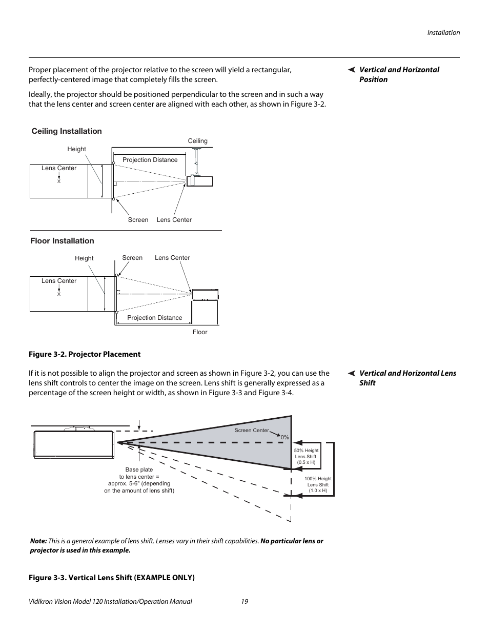 Vertical and horizontal position, Figure 3-2 . projector placement, Vertical and horizontal lens shift | Figure 3-3 . vertical lens shift (example only), 2. projector placement, 3. vertical lens shift (example only), Pre l iminar y | Vidikron Vision 120 User Manual | Page 33 / 92