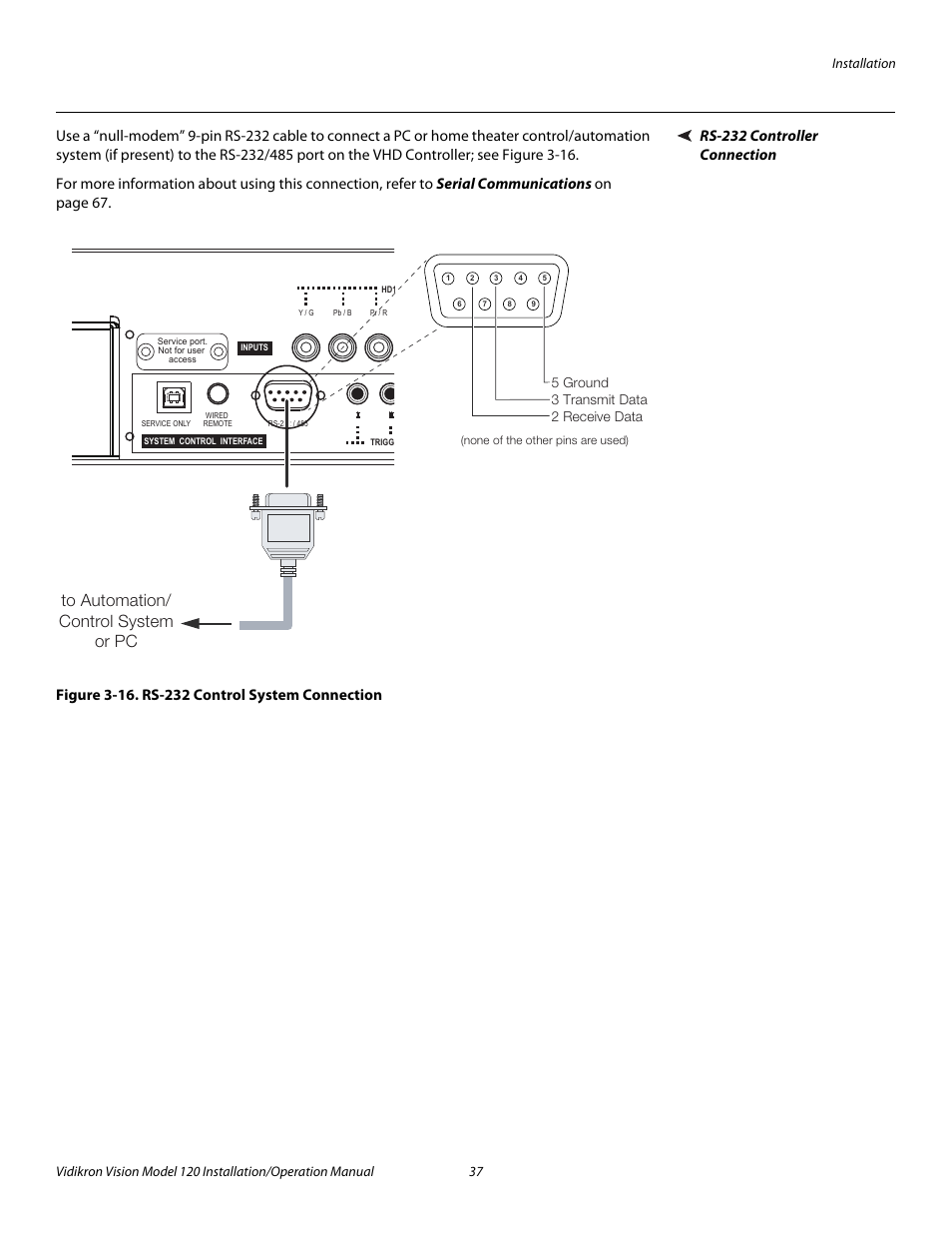 Rs-232 controller connection, Figure 3-16 . rs-232 control system connection, 16. rs-232 control system connection | Pre l iminar y | Vidikron Vision 120 User Manual | Page 51 / 92