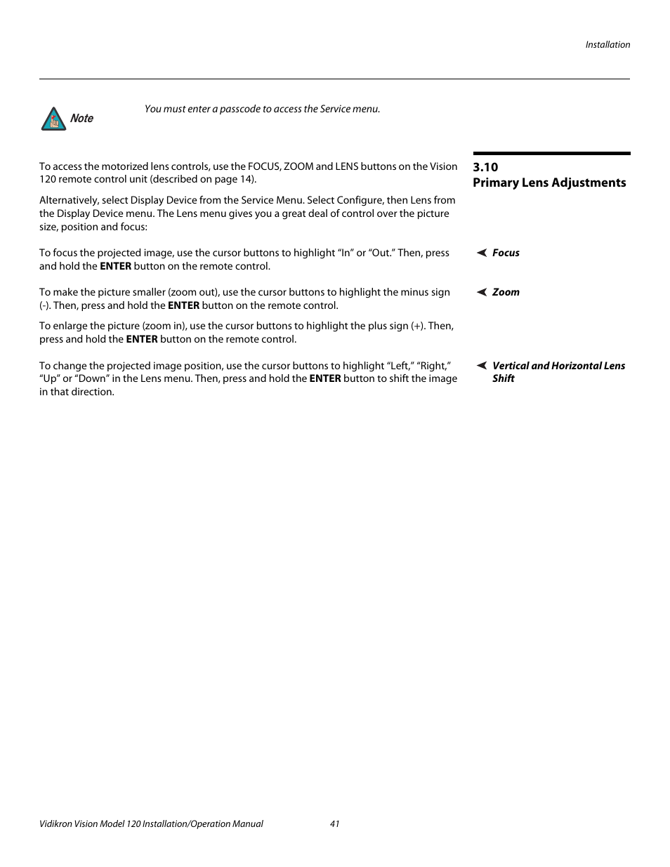 10 primary lens adjustments, Focus, Zoom | Vertical and horizontal lens shift, Primary lens adjustments, Pre l iminar y | Vidikron Vision 120 User Manual | Page 55 / 92