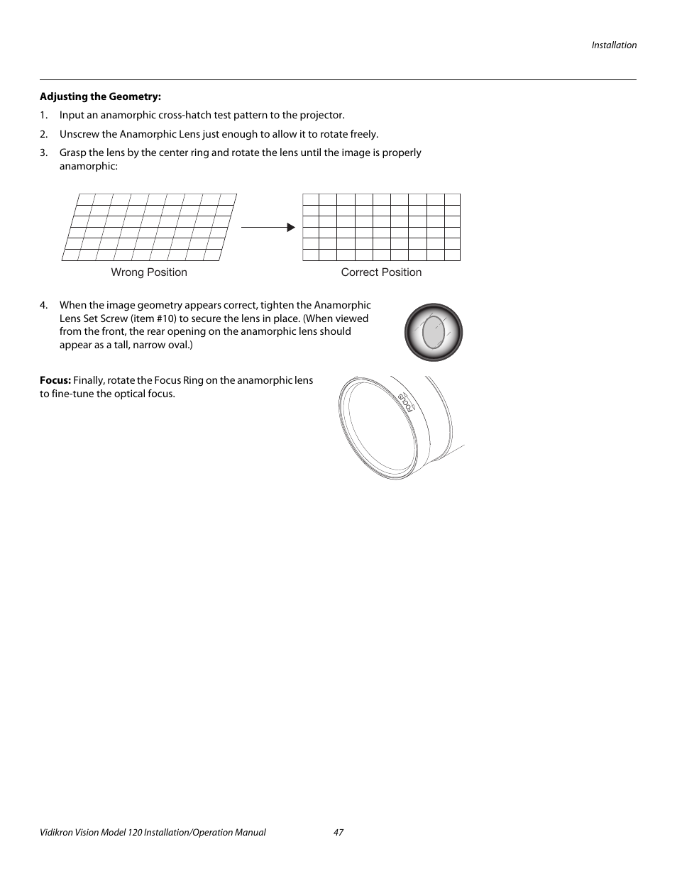 Adjusting the geometry, Focus, Pre l iminar y | Vidikron Vision 120 User Manual | Page 61 / 92