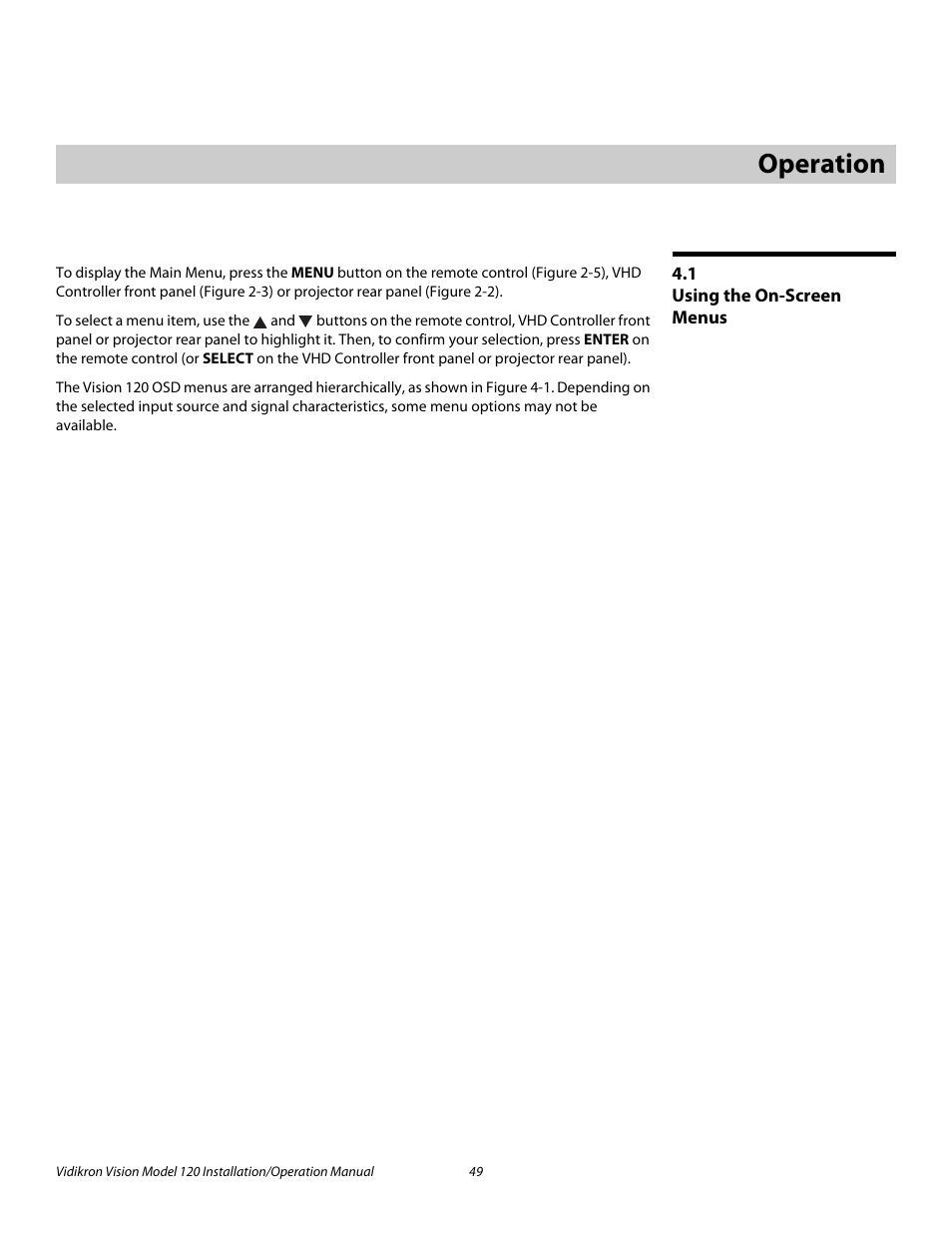 4 operation, 1 using the on-screen menus, Operation | Using the on-screen menus, Pre l iminar y | Vidikron Vision 120 User Manual | Page 63 / 92