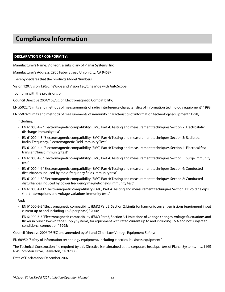 Compliance information, Pre l iminar y | Vidikron Vision 120 User Manual | Page 7 / 92