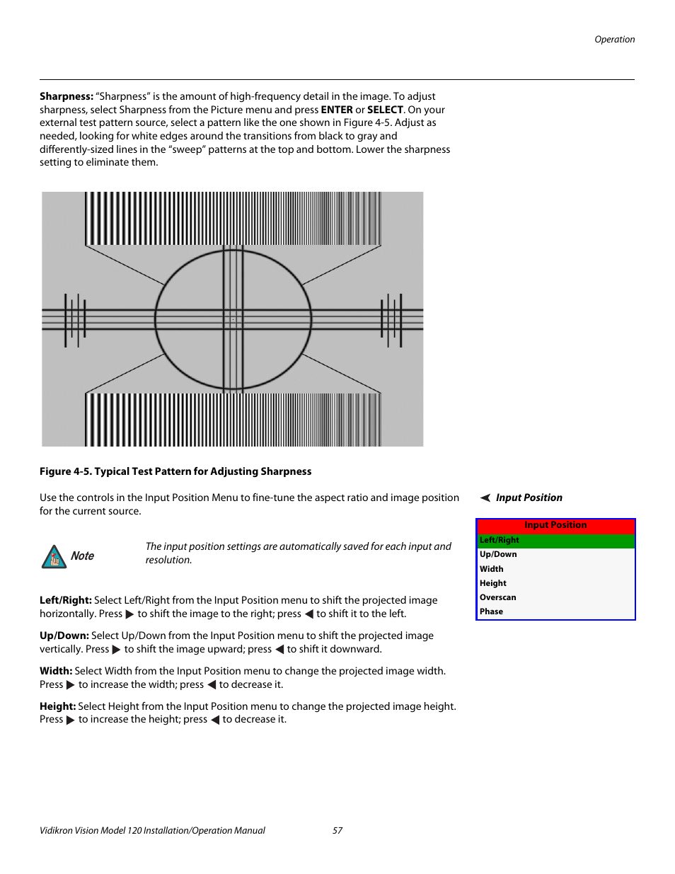 Sharpness, Input position, Left/right | Up/down, Width, Height, 5. typical test pattern for adjusting sharpness, Pre l iminar y | Vidikron Vision 120 User Manual | Page 71 / 92