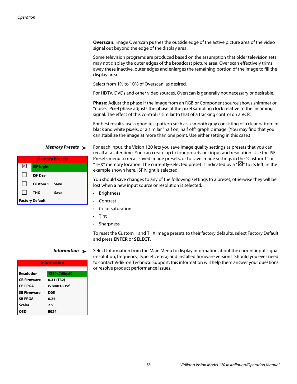 Overscan, Phase, Memory presets | Information, Pre l iminar y | Vidikron Vision 120 User Manual | Page 72 / 92