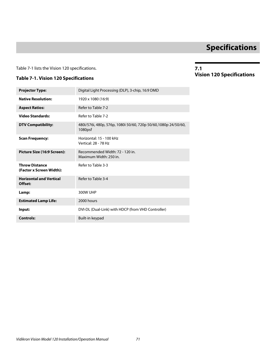 7 specifications, 1 vision 120 specifications, Table 7-1 . vision 120 specifications | Specifications, Vision 120 specifications, Pre l iminar y | Vidikron Vision 120 User Manual | Page 85 / 92