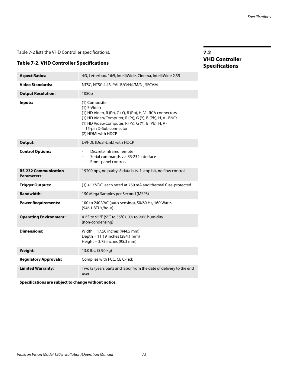 2 vhd controller specifications, Table 7-2 . vhd controller specifications, Vhd controller specifications | R to table 7-2, Pre l iminar y | Vidikron Vision 120 User Manual | Page 87 / 92