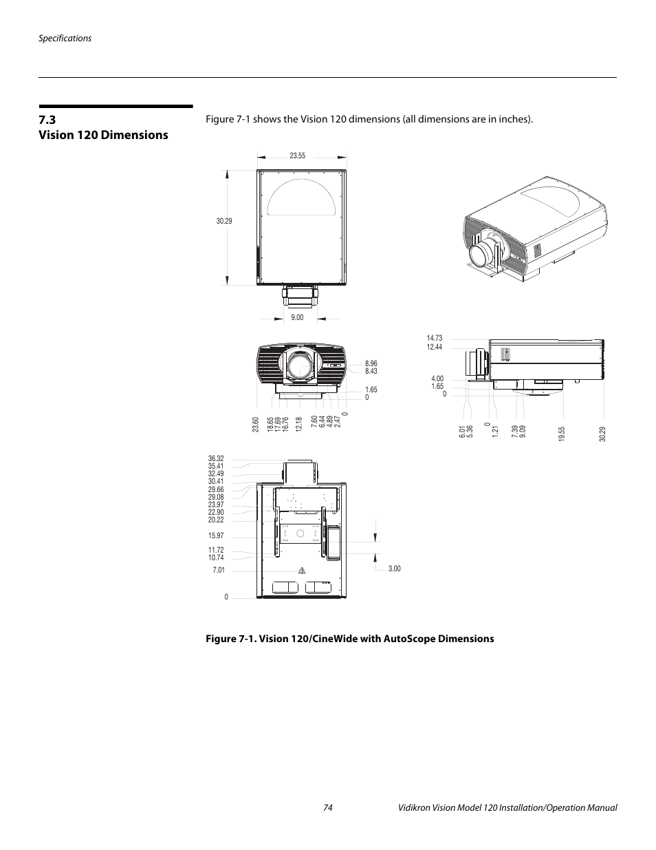 3 vision 120 dimensions, Vision 120 dimensions, 1. vision 120/cinewide with autoscope dimensions | Pre l iminar y | Vidikron Vision 120 User Manual | Page 88 / 92