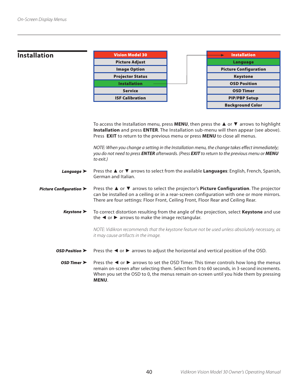 Installation | Vidikron Vision 30 User Manual | Page 40 / 58