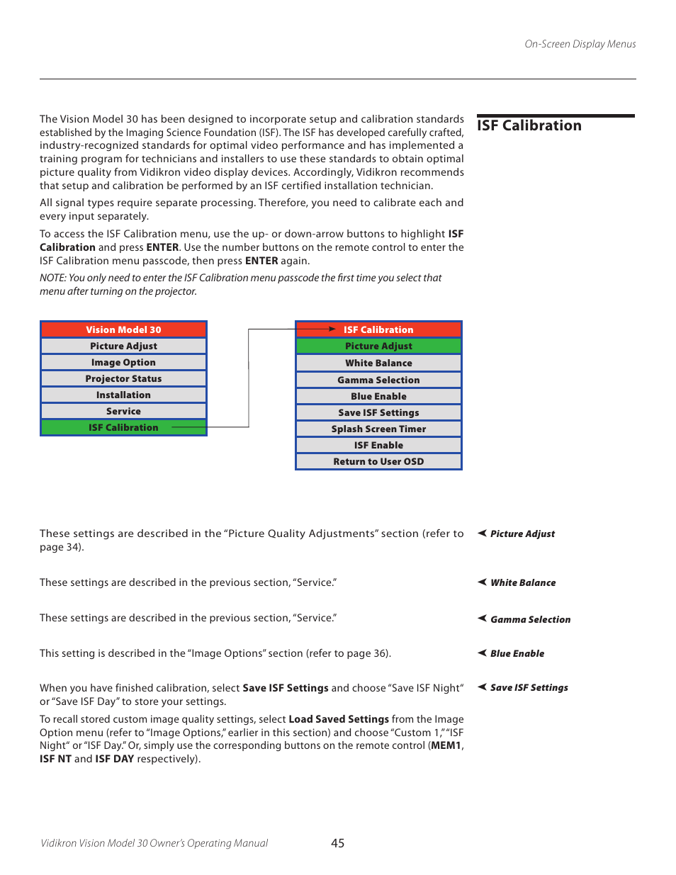 Isf calibration | Vidikron Vision 30 User Manual | Page 45 / 58