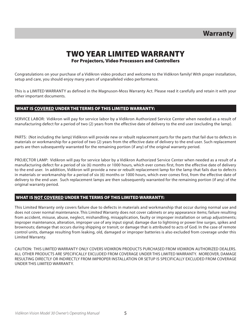Warranty, Two year limited warranty | Vidikron Vision 30 User Manual | Page 5 / 58