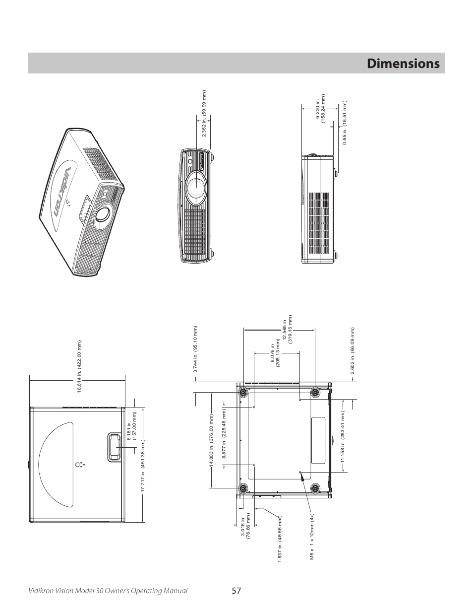 Dimensions, Vidikron vision model 30 owner’s operating manual | Vidikron Vision 30 User Manual | Page 57 / 58