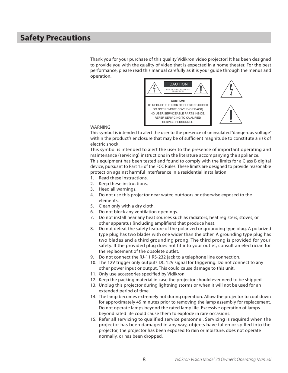 Safety precautions | Vidikron Vision 30 User Manual | Page 8 / 58