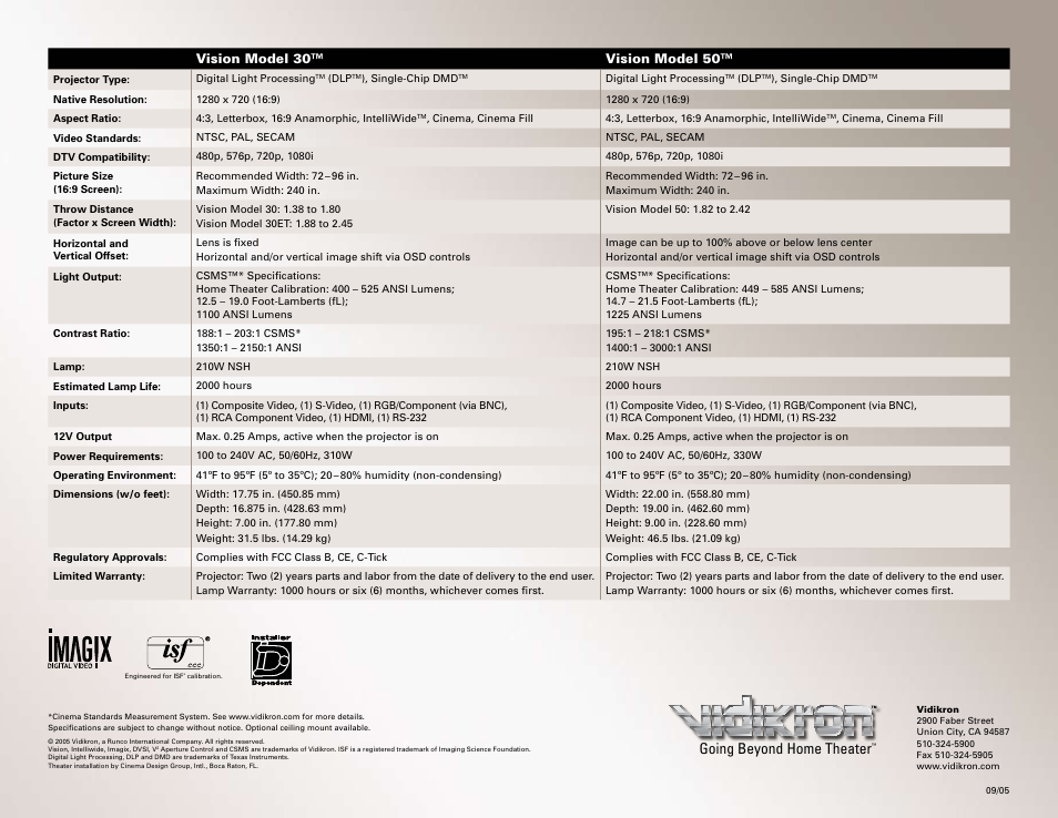 Going beyond home theater, Vision model 30™ vision model 50 | Vidikron Vision l50 User Manual | Page 4 / 4