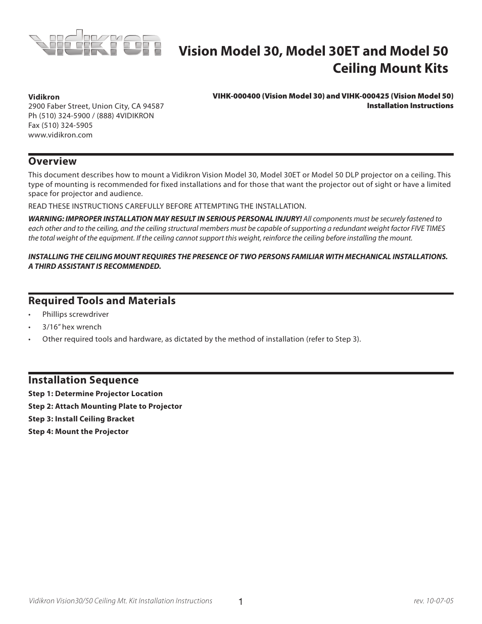 Vidikron 30 User Manual | 4 pages