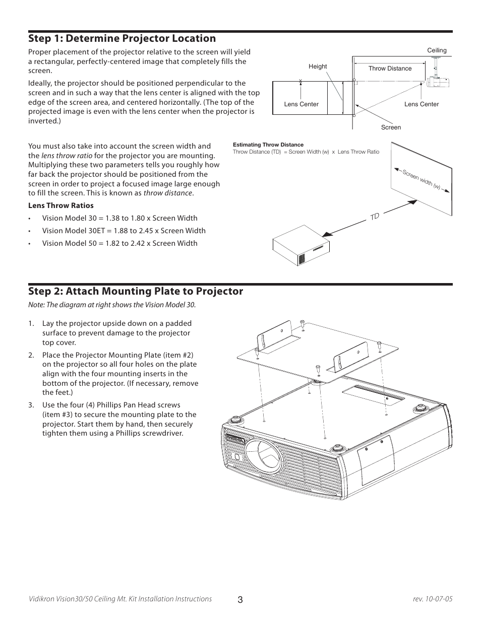 Step 1: determine projector location, Step 2: attach mounting plate to projector | Vidikron 30 User Manual | Page 3 / 4