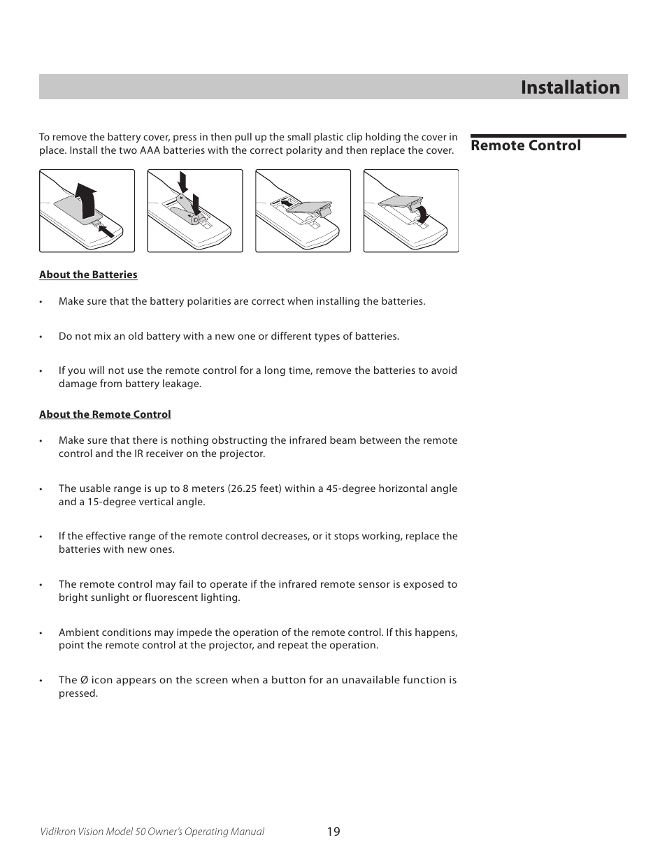 Installation, Remote control | Vidikron VERSION 50 User Manual | Page 19 / 58