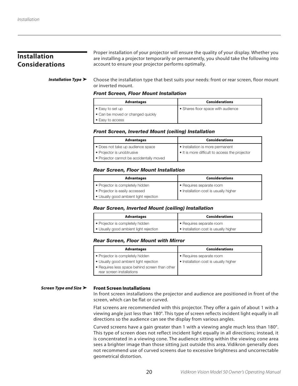 Installation considerations | Vidikron VERSION 50 User Manual | Page 20 / 58