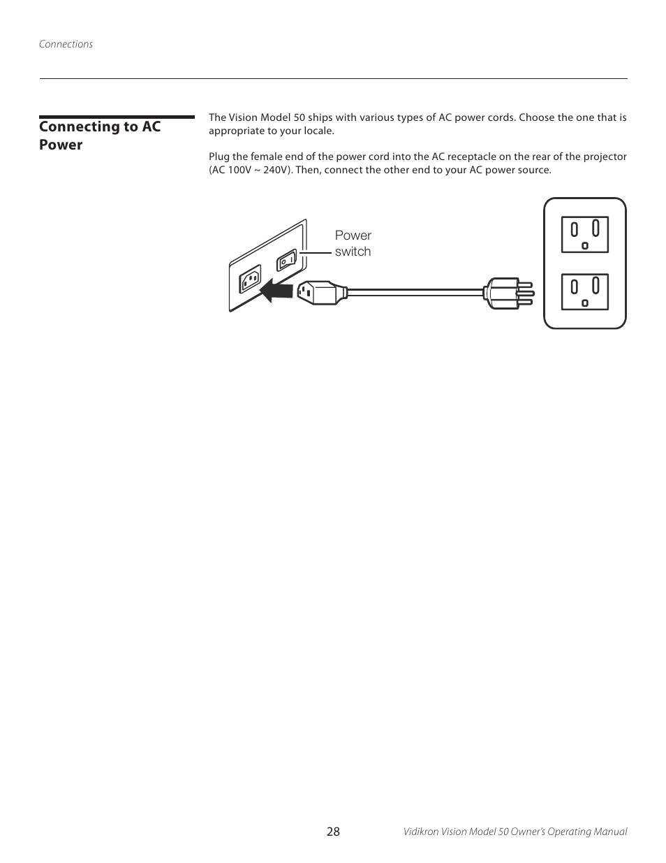 Connecting to ac power | Vidikron VERSION 50 User Manual | Page 28 / 58