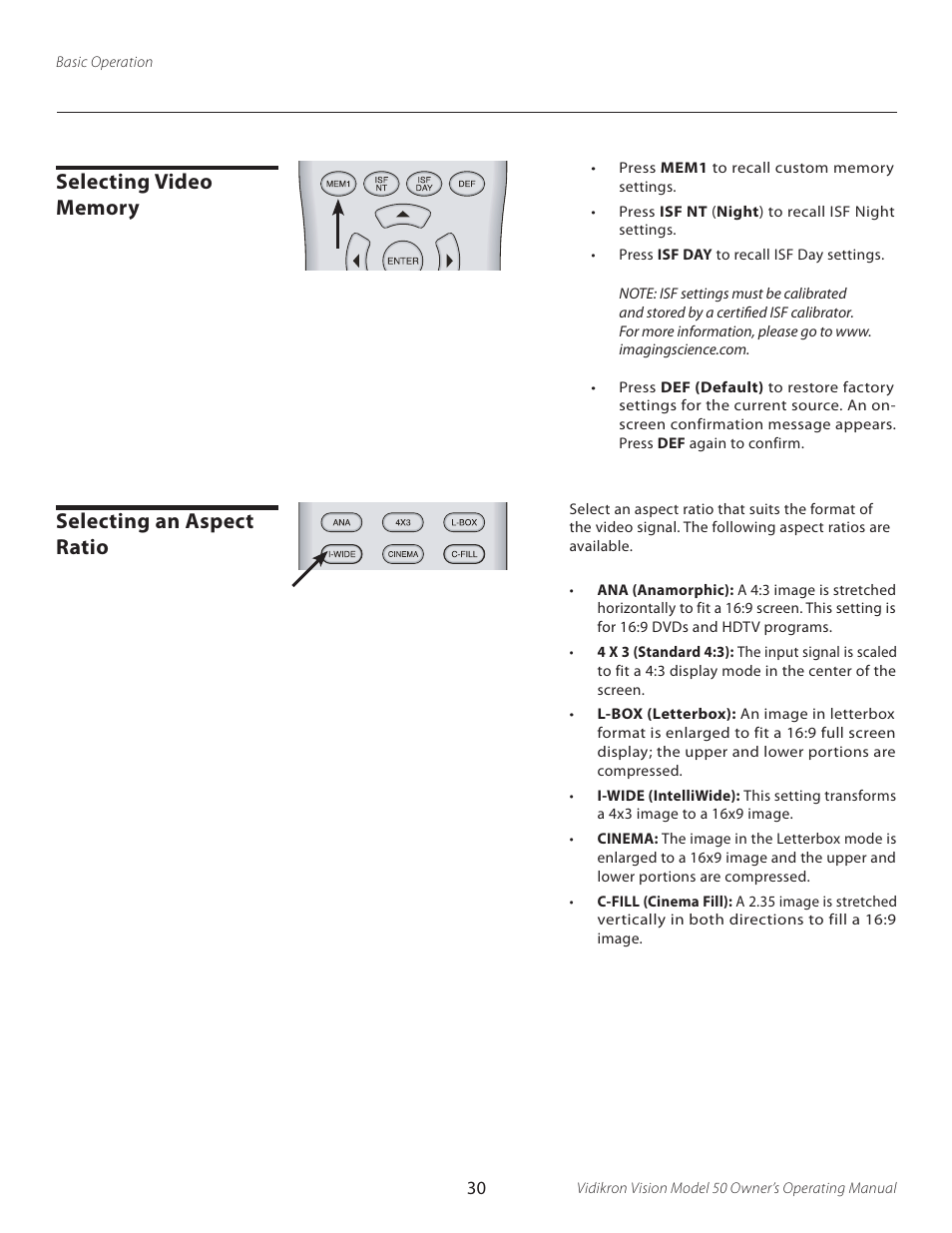 Selecting video memory, Selecting an aspect ratio, Selecting video memory selecting an aspect ratio | Vidikron VERSION 50 User Manual | Page 30 / 58