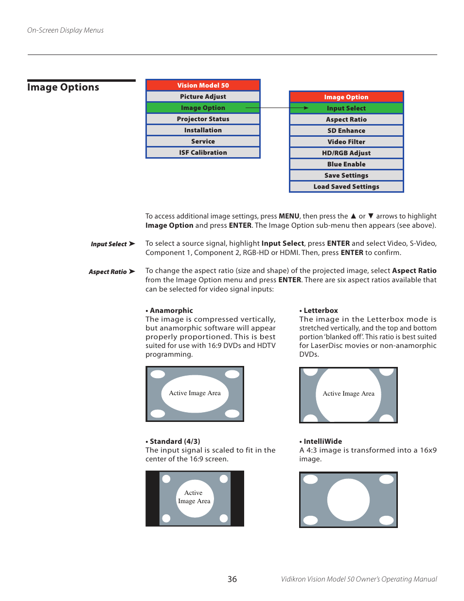 Image options | Vidikron VERSION 50 User Manual | Page 36 / 58