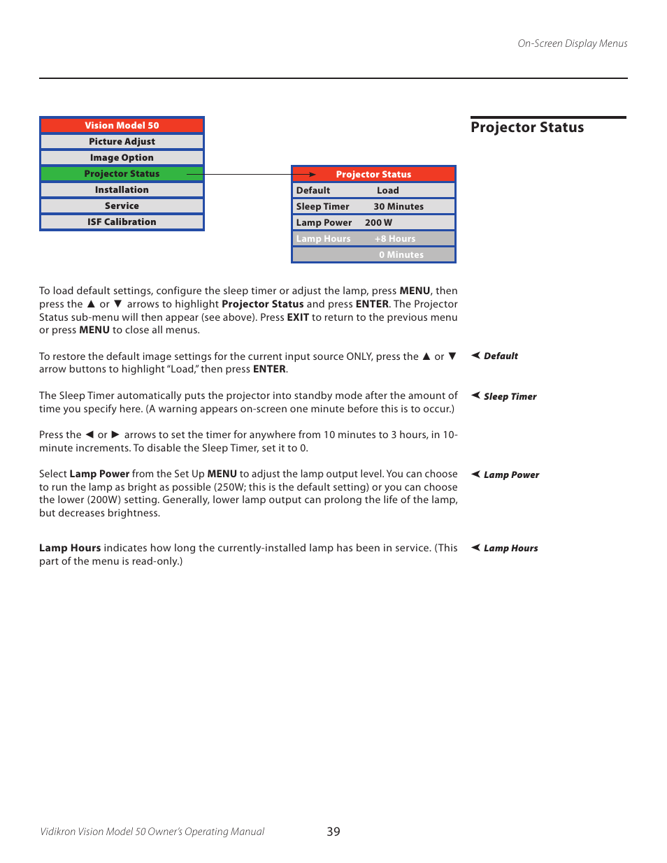 Projector status | Vidikron VERSION 50 User Manual | Page 39 / 58