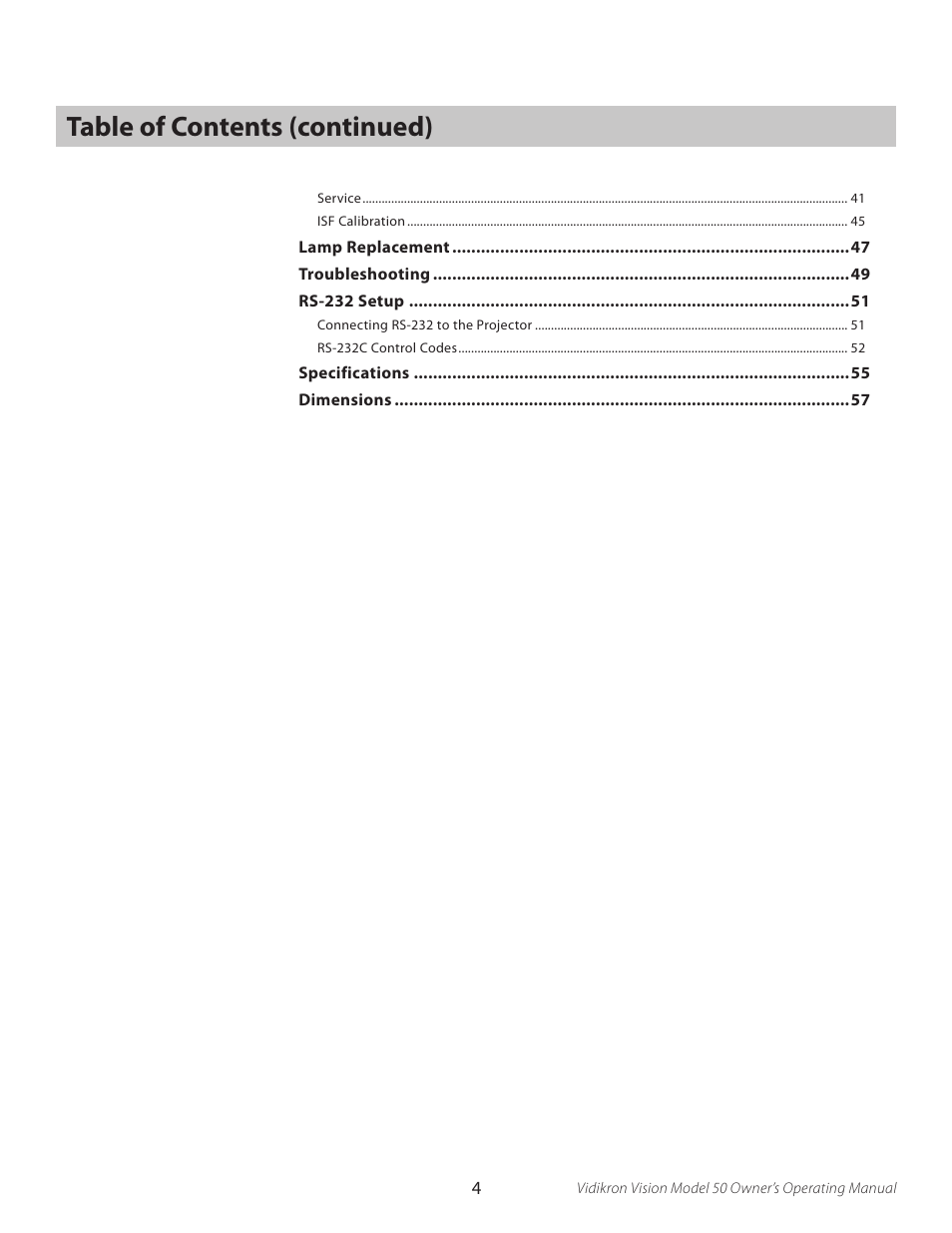 Table of contents (continued) | Vidikron VERSION 50 User Manual | Page 4 / 58