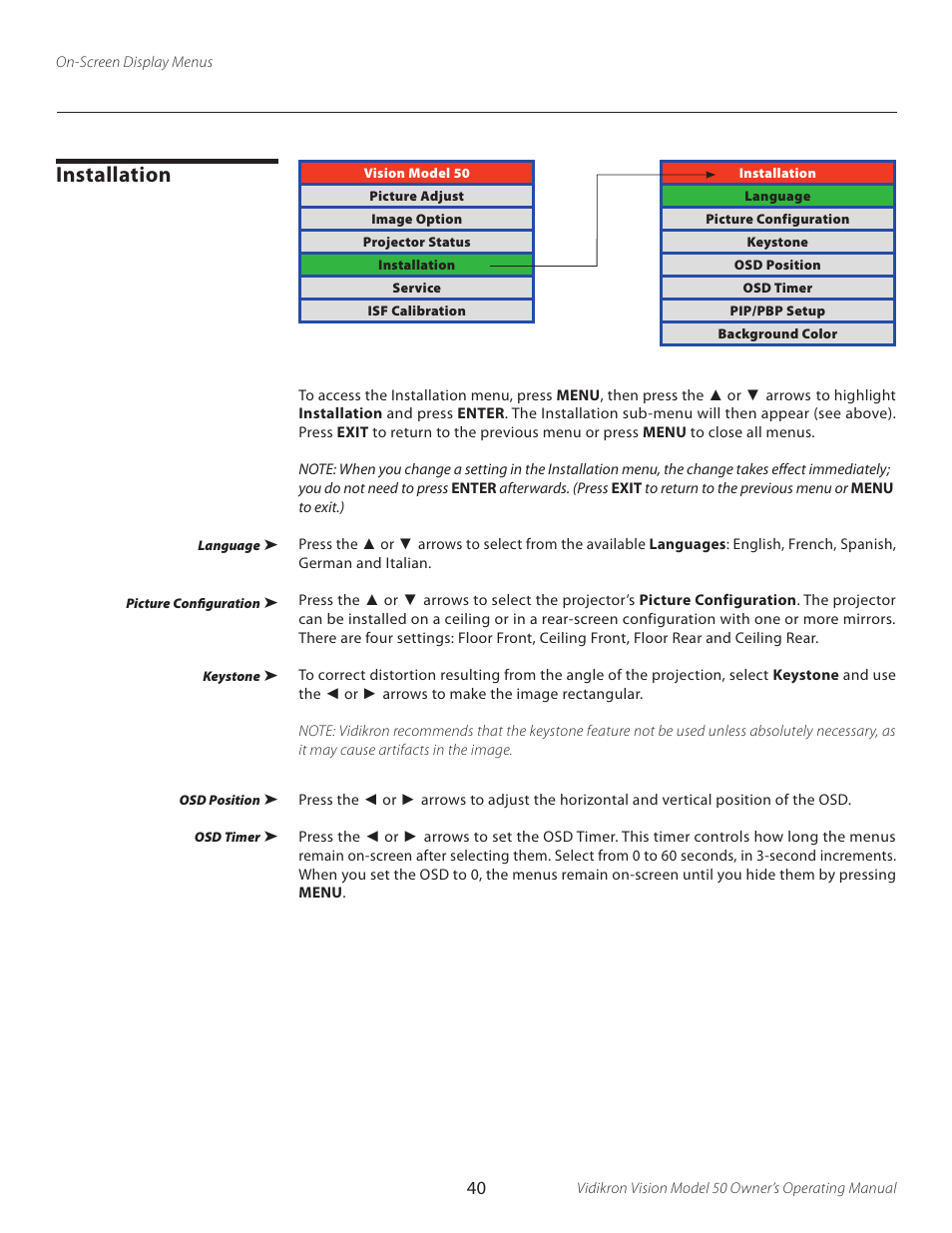 Installation | Vidikron VERSION 50 User Manual | Page 40 / 58