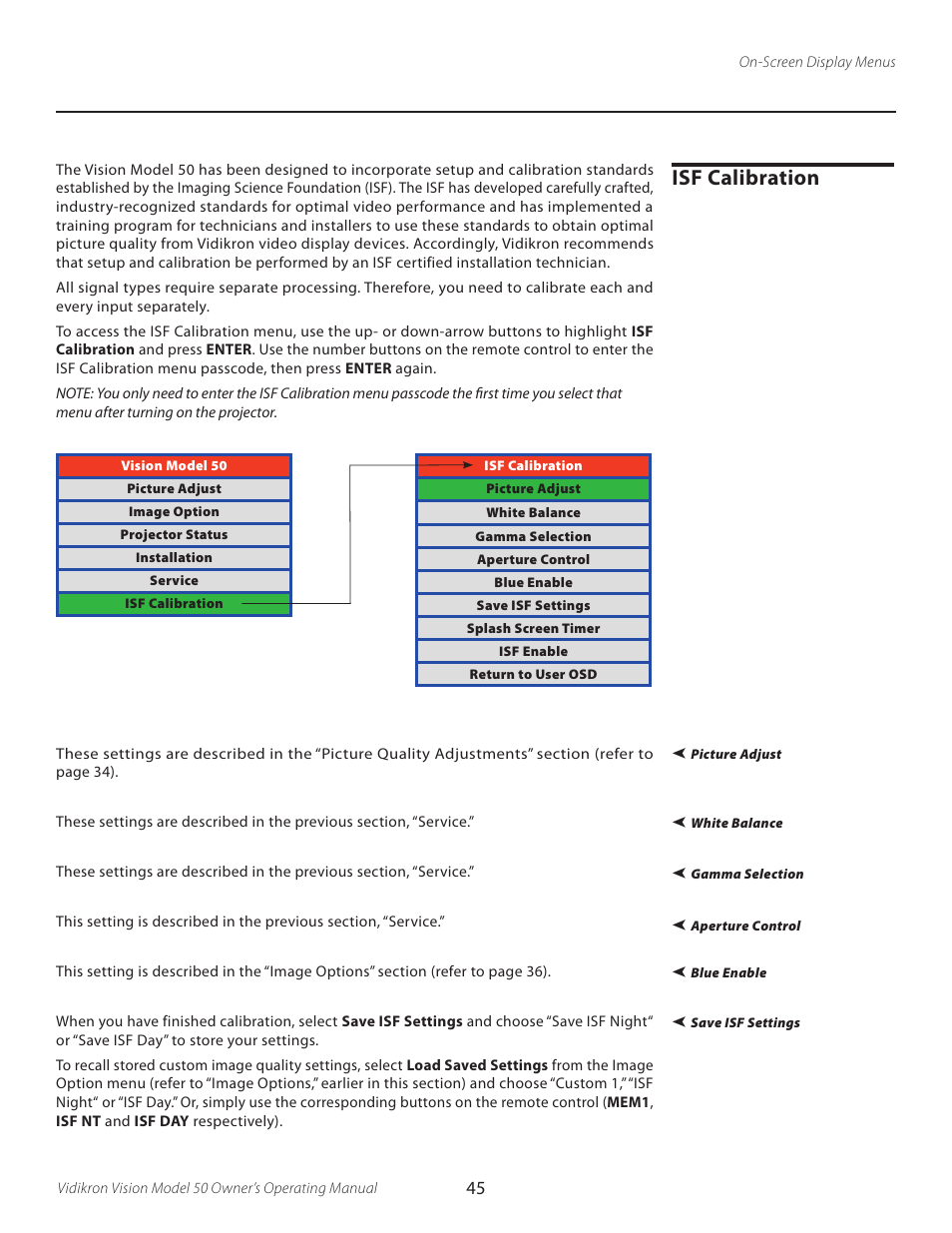 Isf calibration | Vidikron VERSION 50 User Manual | Page 45 / 58